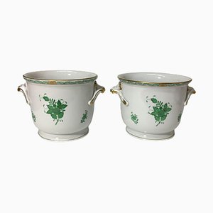 Large Chinese Bouquet Apponyi Green Porcelain Cache Pots from Herend Hungary, Set of 2-UCH-1224513