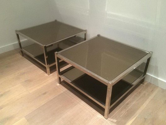 Large Chrome and Bronze Mirror Side Tables, 1970s, Set of 2-BA-658617