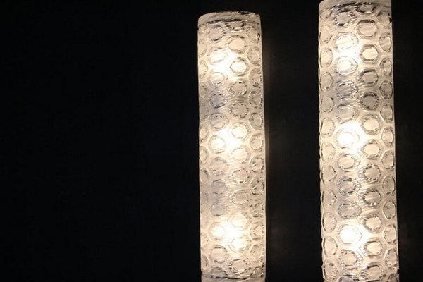 Large Clear and White Textured Murano Glass Cylinder Wall Sconces, 2000, Set of 2-YF-1421398