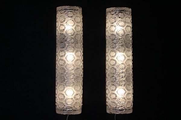 Large Clear and White Textured Murano Glass Cylinder Wall Sconces, 2000, Set of 2-YF-1421398