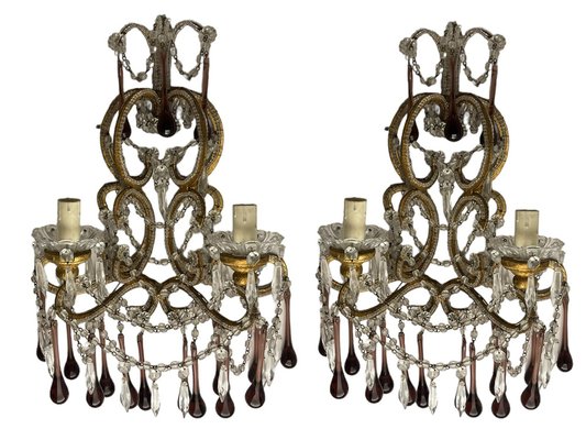 Large Crystal Beaded Macaroni Murano Glass Sconces, 1950s, Set of 2-JJC-1752491