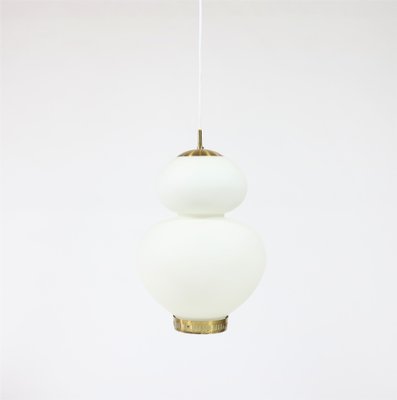 Large Danish Modern Brass and Opaline Glass Peanut Pendant Lamp by Bent Karlby for Lyfa, 1950s-WRF-619954