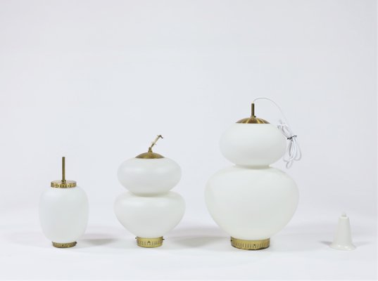 Large Danish Modern Brass and Opaline Glass Peanut Pendant Lamp by Bent Karlby for Lyfa, 1950s-WRF-619954