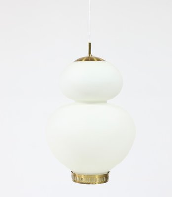 Large Danish Modern Brass and Opaline Glass Peanut Pendant Lamp by Bent Karlby for Lyfa, 1950s-WRF-619954