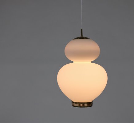 Large Danish Modern Brass and Opaline Glass Peanut Pendant Lamp by Bent Karlby for Lyfa, 1950s-WRF-619954