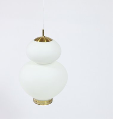 Large Danish Modern Brass and Opaline Glass Peanut Pendant Lamp by Bent Karlby for Lyfa, 1950s-WRF-619954