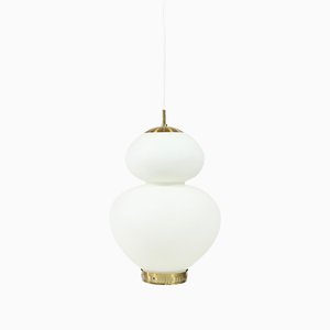 Large Danish Modern Brass and Opaline Glass Peanut Pendant Lamp by Bent Karlby for Lyfa, 1950s-WRF-619954