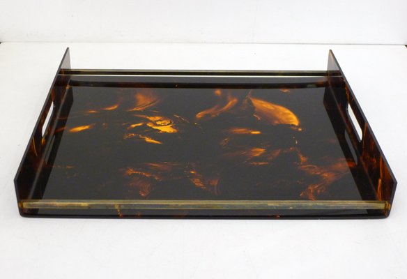 Large Faux Tortoiseshell Acrylic Glass & Resin Tray with Brass Sticks from Maison Mercier, 1970s-RNR-2034750