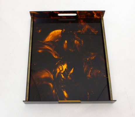 Large Faux Tortoiseshell Acrylic Glass & Resin Tray with Brass Sticks from Maison Mercier, 1970s-RNR-2034750