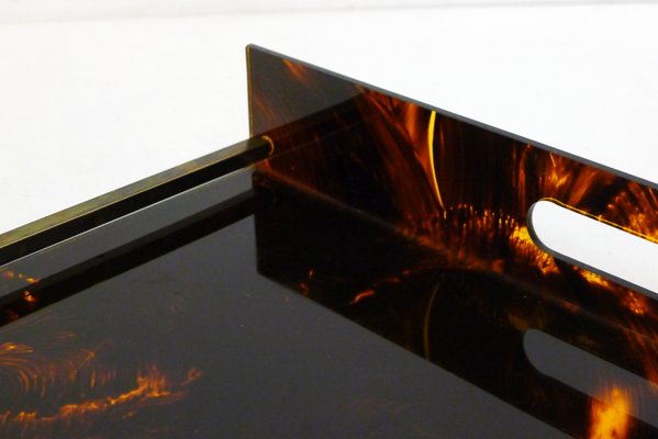 Large Faux Tortoiseshell Acrylic Glass & Resin Tray with Brass Sticks from Maison Mercier, 1970s-RNR-2034750