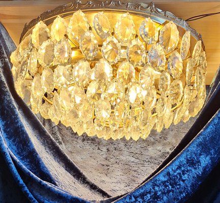 Large Flat Vintage Ceiling Lamp with Gold-Plated Metal Frame & Cut Crystal Glass Shade-HOI-2033664