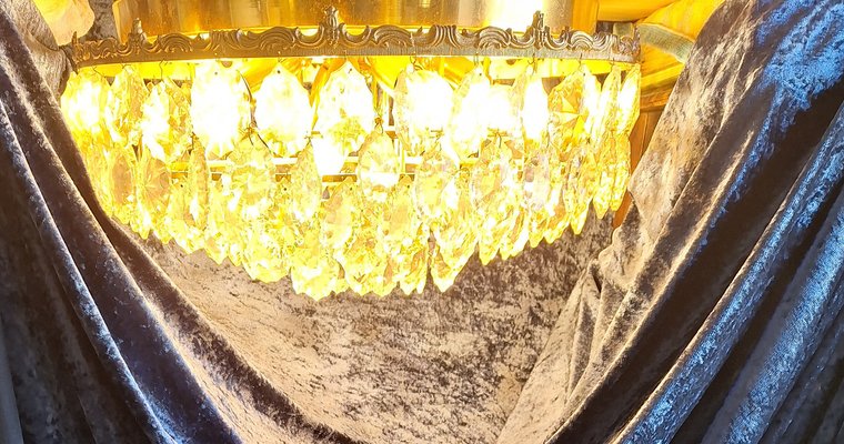 Large Flat Vintage Ceiling Lamp with Gold-Plated Metal Frame & Cut Crystal Glass Shade-HOI-2033664