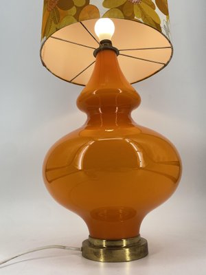 Large Floor Lamp with Flower-Printed Fabric Shade and Orange Glass Base, Germany, 1960s-CZ-2018323