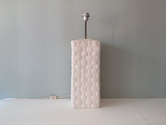 Large Floor Lamp with White Ceramic Base and Woven Shade, 1970s-UKG-1056305