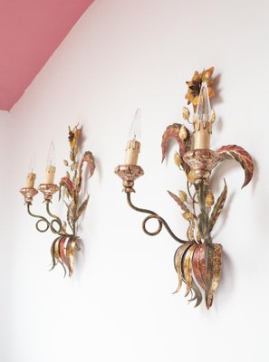 Large Florentine Wall Lights with Flowers, 1970s, Set of 2-JWI-1784459