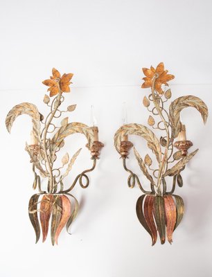 Large Florentine Wall Lights with Flowers, 1970s, Set of 2-JWI-1784459