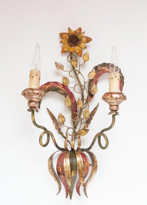 Large Florentine Wall Lights with Flowers, 1970s, Set of 2-JWI-1784459