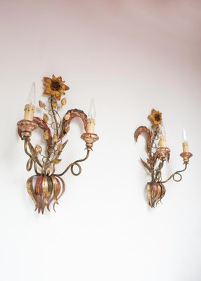 Large Florentine Wall Lights with Flowers, 1970s, Set of 2-JWI-1784459