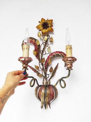 Large Florentine Wall Lights with Flowers, 1970s, Set of 2-JWI-1784459