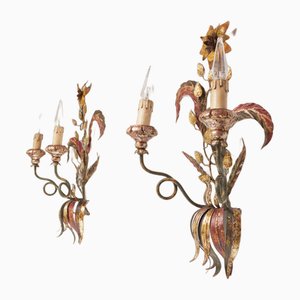 Large Florentine Wall Lights with Flowers, 1970s, Set of 2-JWI-1784459