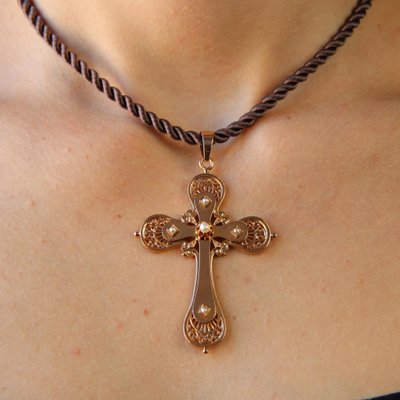 Large French 18 Karat Rose Gold Cross with Fine Pearls, 20th Century-OLU-1784786