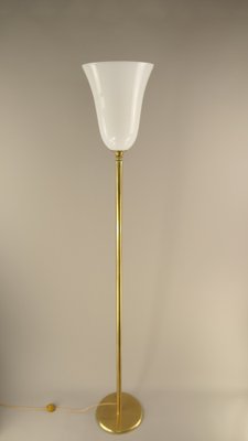 Large French Art Deco Brass Floor Lamp with Opal Glass Shade, 1920s-KDB-1811529