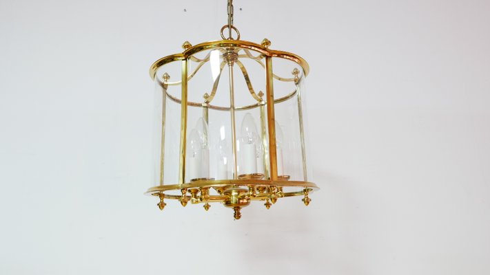 Large French Brass and Glass Lantern Chandelier with 6 Light Sockets and Domed Glass, 1980s-KK-1109416