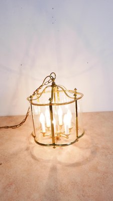 Large French Brass and Glass Lantern Chandelier with 6 Light Sockets and Domed Glass, 1980s-KK-1109416