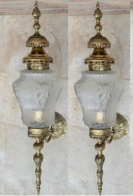 Large French Bronze & Glass Sconces, 1920s, Set of 2-NOU-696268