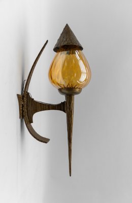 Large French Hand-Forged Iron and Glass Wall Lamp, 1960s-KQB-1756052