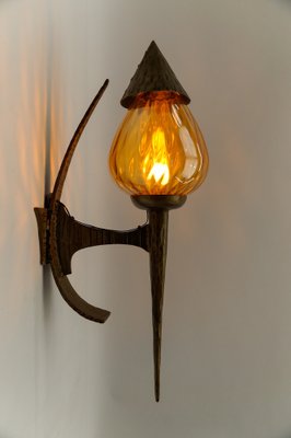 Large French Hand-Forged Iron and Glass Wall Lamp, 1960s-KQB-1756052