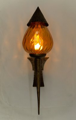 Large French Hand-Forged Iron and Glass Wall Lamp, 1960s-KQB-1756052