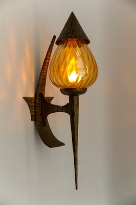 Large French Hand-Forged Iron and Glass Wall Lamp, 1960s-KQB-1756052