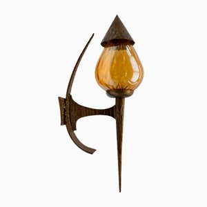 Large French Hand-Forged Iron and Glass Wall Lamp, 1960s-KQB-1756052