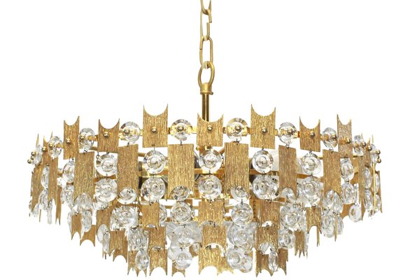 Large German Gilt Brass and Crystal Glass Chandelier by Palwa, 1960s-UGR-1086175