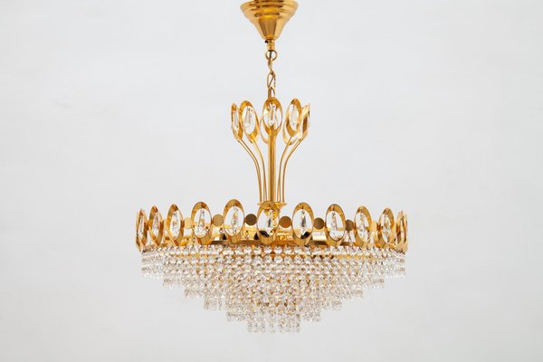 Large German Gold, Gilt Brass & Crystal Chandelier from Palwa, 1970s-KL-620427