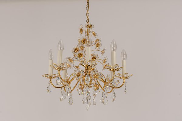 Large Gilt Brass Flower-Shaped Chandelier from Palwa, Germany, 1970s-UGR-1260486