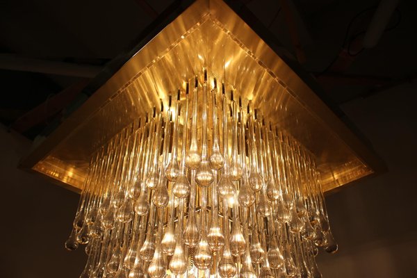 Large Glass and Brass Chandelier, Italy, 1970s-TZ-797995