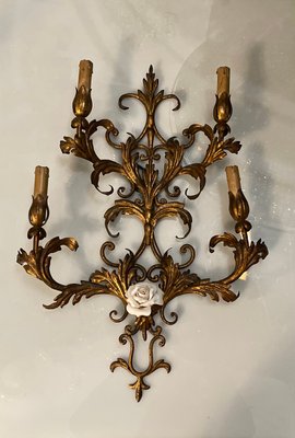 Large Gold Gilded Florentine Sconces, 1960s, Set of 2-JJC-833740