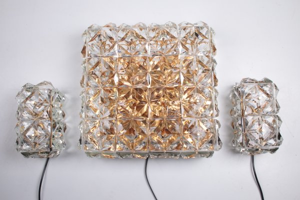 Large Gold-Plated & Crystal Glass Flush Mount or Wall Lamps from Kinkeldey, 1970s, Set of 3-EZZ-946698