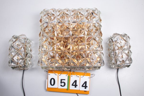 Large Gold-Plated & Crystal Glass Flush Mount or Wall Lamps from Kinkeldey, 1970s, Set of 3-EZZ-946698