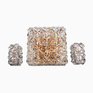 Large Gold-Plated & Crystal Glass Flush Mount or Wall Lamps from Kinkeldey, 1970s, Set of 3-EZZ-946698