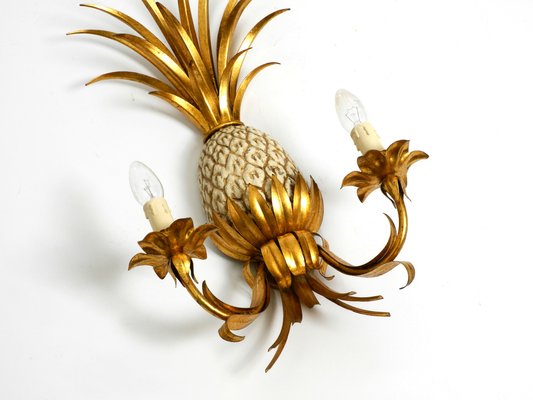 Large Gold-Plated Pineapple Florentine Wall Lamp in Metal and Ceramic by Charles Maison Jansen, 1970s-RR-2043182