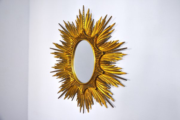 Large Golden Wood Sun Mirror, 1920s-EJE-877480