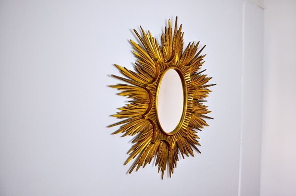 Large Golden Wood Sun Mirror, 1920s-EJE-877480