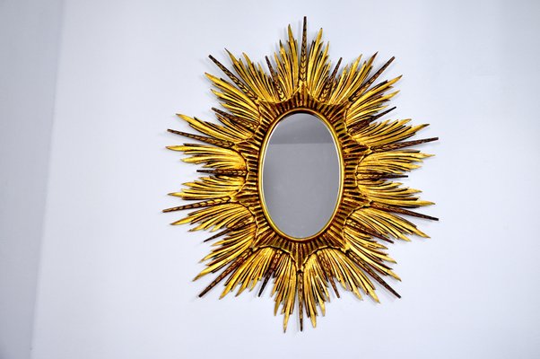 Large Golden Wood Sun Mirror, 1920s-EJE-877480