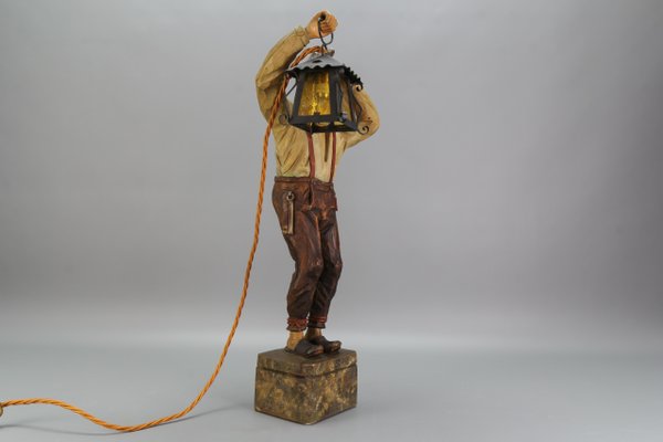 Large Hand-Carved Wooden Sculpture Man with a Lantern, 1930s-KEG-1732612