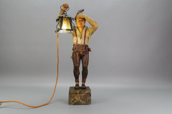 Large Hand-Carved Wooden Sculpture Man with a Lantern, 1930s-KEG-1732612