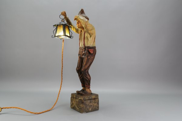 Large Hand-Carved Wooden Sculpture Man with a Lantern, 1930s-KEG-1732612