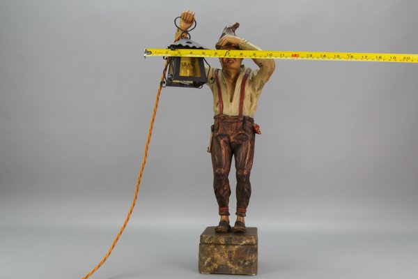 Large Hand-Carved Wooden Sculpture Man with a Lantern, 1930s-KEG-1732612